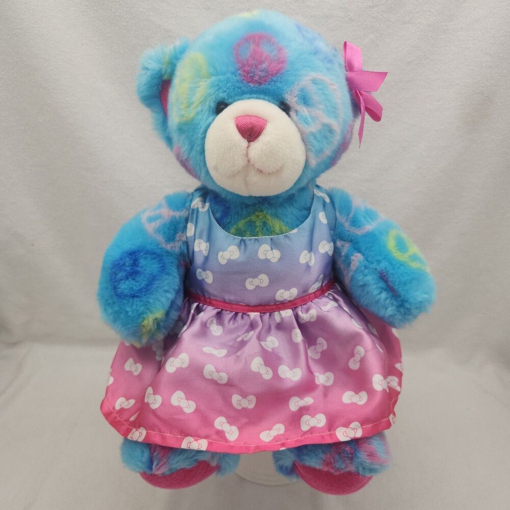 Stuffed Animal Build A Bear 14” Blue Peace Sign Teddy Purple Pink Bow Dress 2010